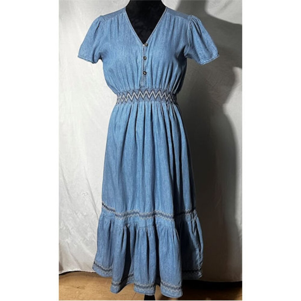 Indigo & Lace Denim Prairie Dress, Elastic Waist, Classic Medium Petite
